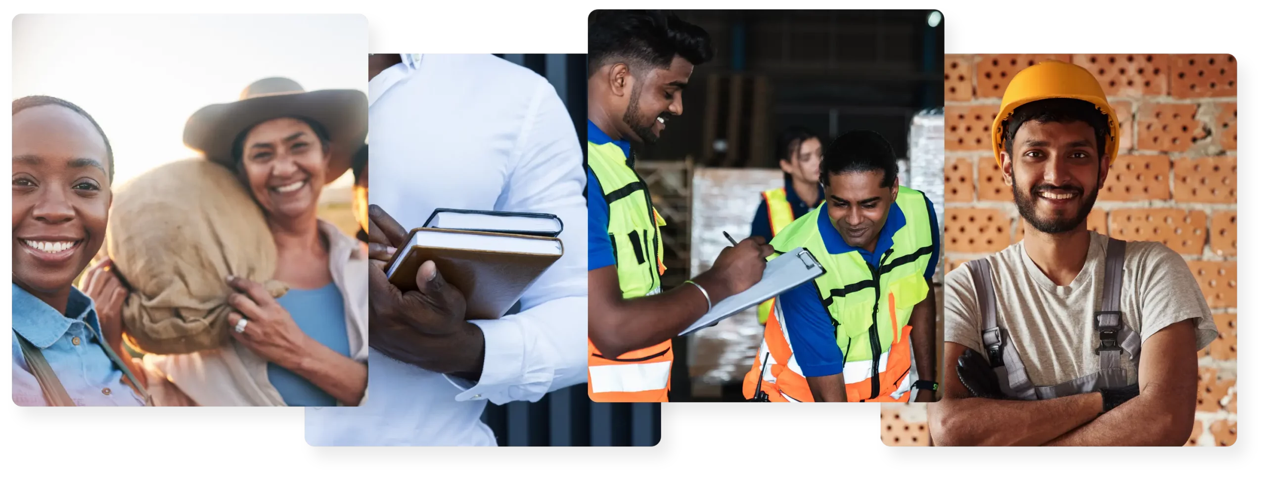 A collection of photos showing people smiling and working together.